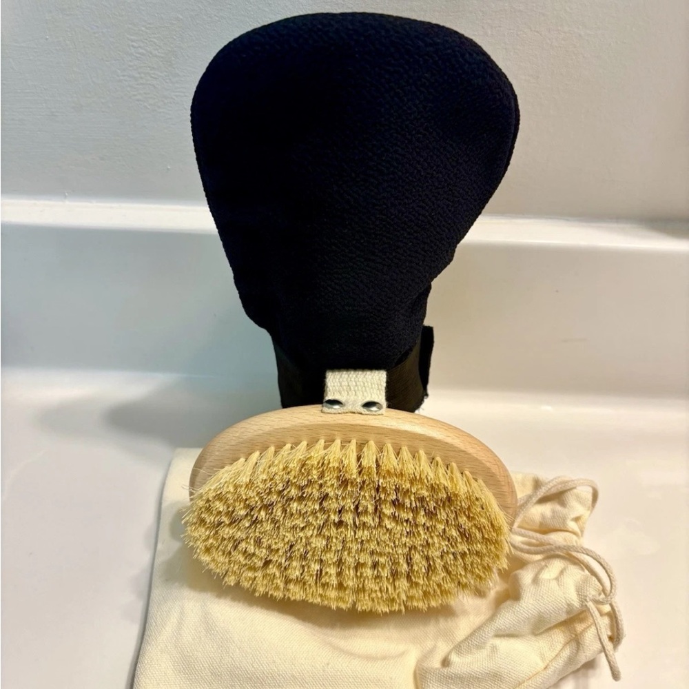 Natural Bristle Body Brush with Black Hand Glove set of two summer skin ready.